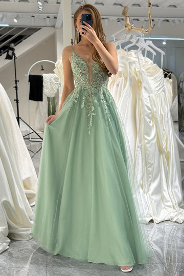 Spaghetti Straps Green A Line Tulle Prom Dress with Appliques